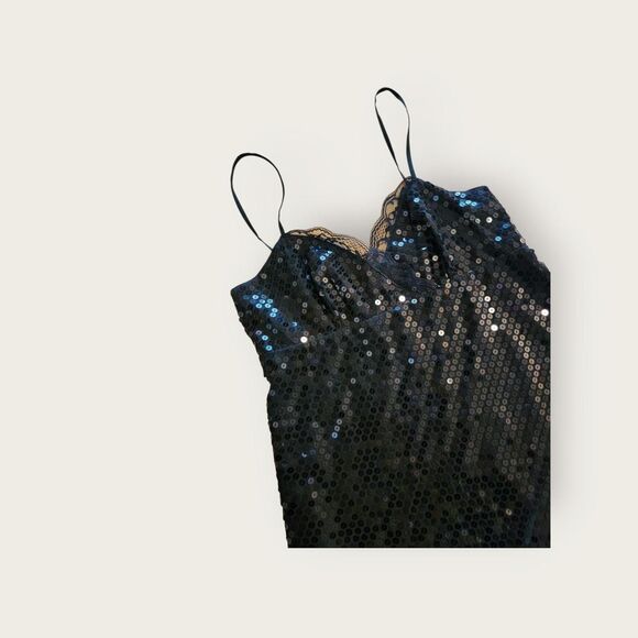 Vintage Y2k Express black sequined spaghetti strap mini dress Size 4 - Picture 3 of 4